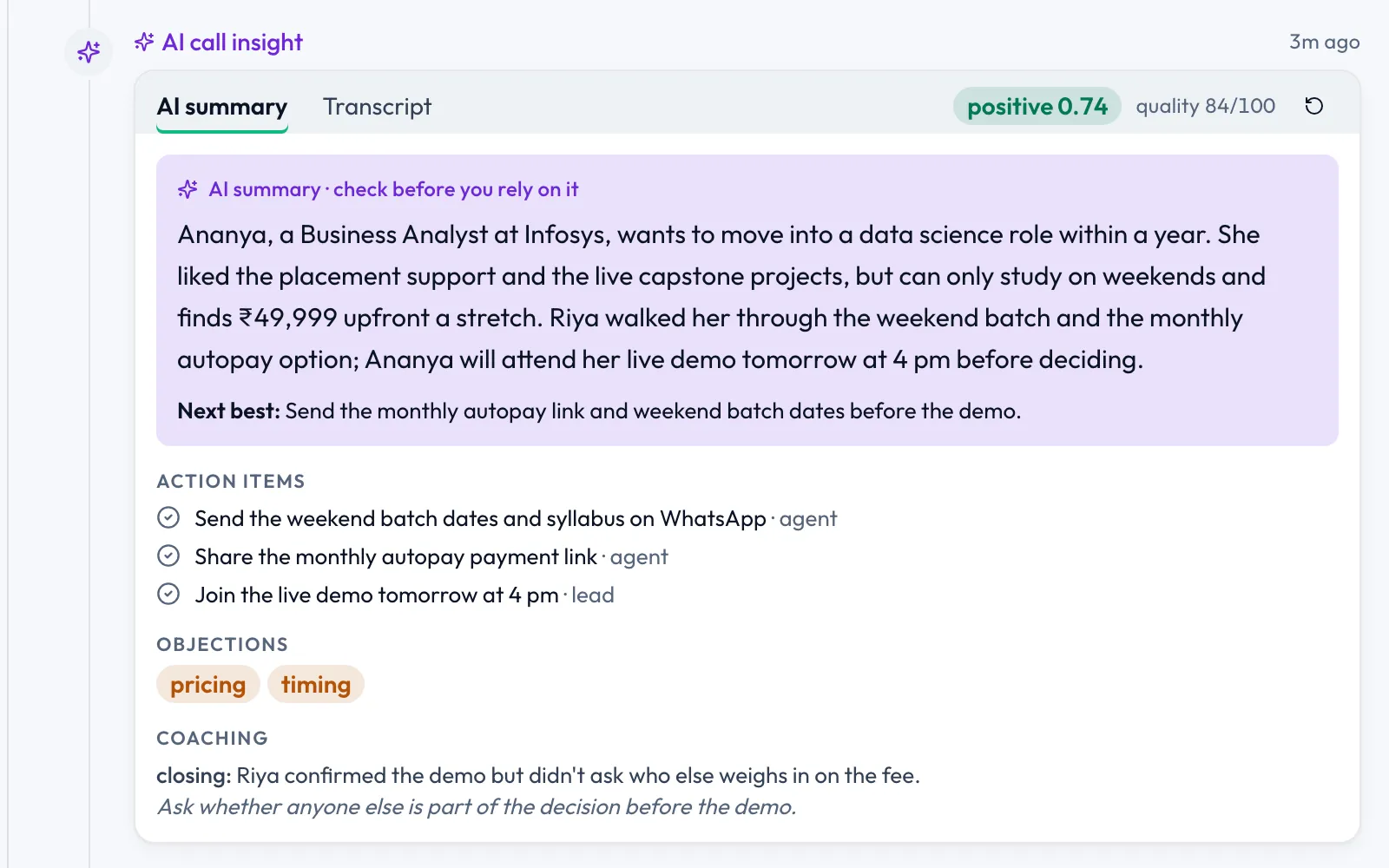 Screenshot of a Supersei AI call insight with summary, action items, objections and coaching