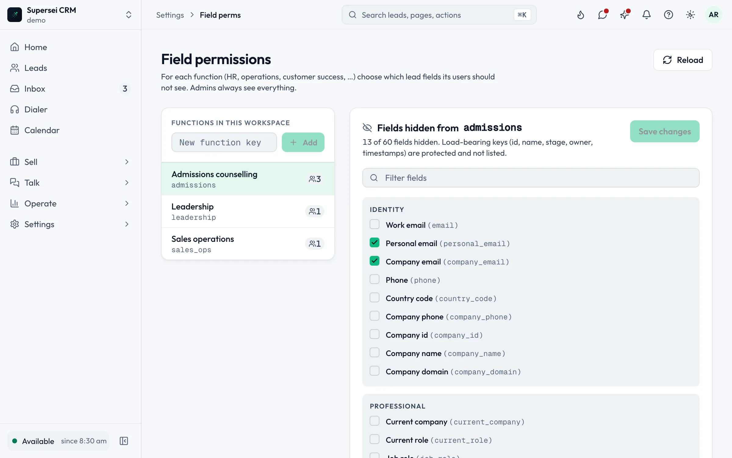 Screenshot of Supersei field permissions hiding sensitive contact fields by role