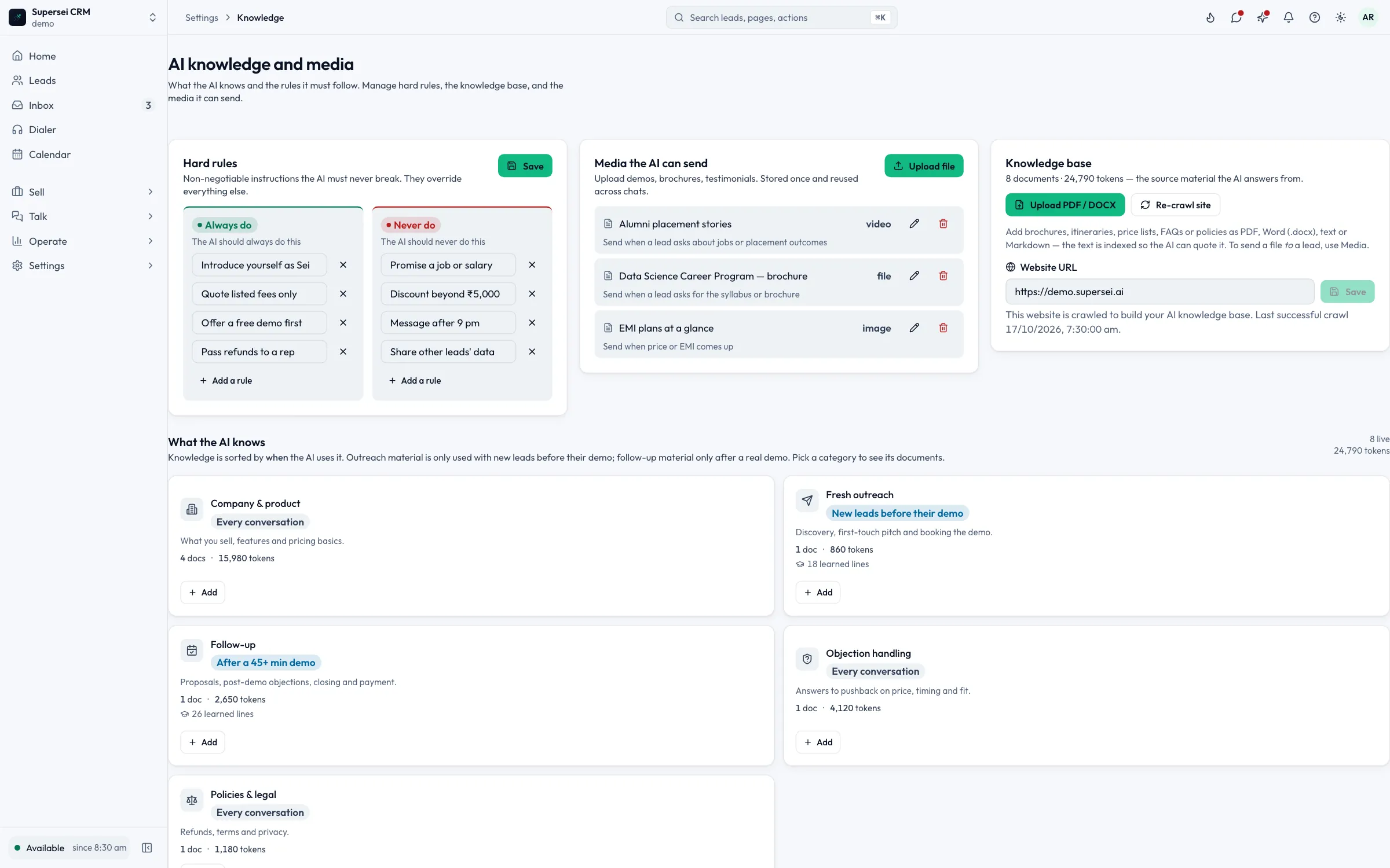 Screenshot of Supersei AI knowledge and media settings with always-do and never-do rules