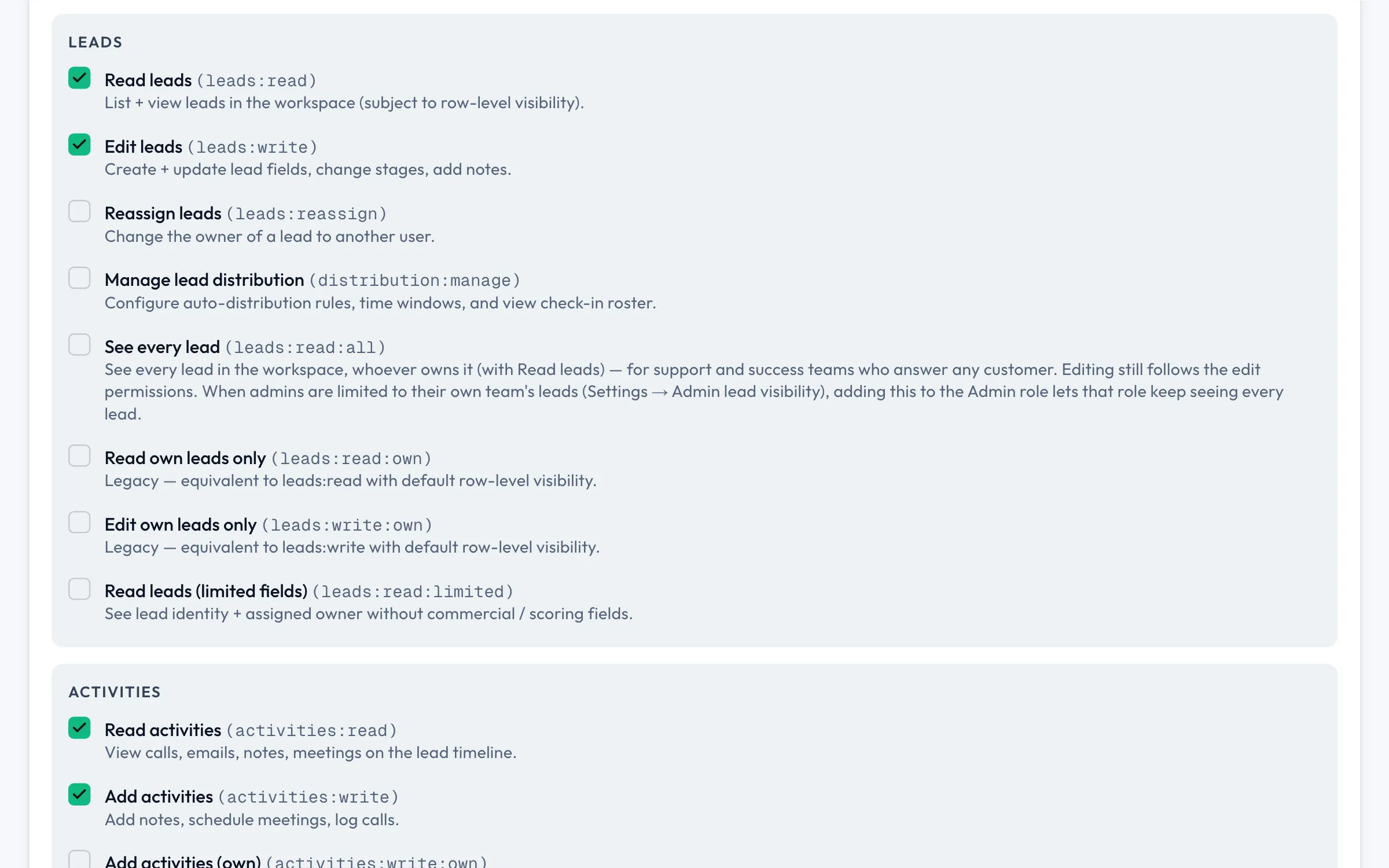Screenshot of Supersei role permissions editor showing granular Read, Add, Edit and Delete capabilities for a sales agent role