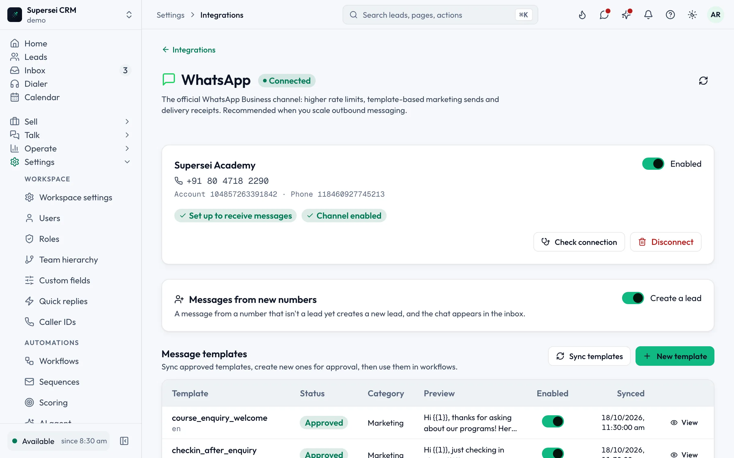 Screenshot of Supersei WhatsApp settings: business number connected, new-number lead creation on, approved templates listed